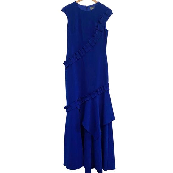 Theia Ruffled Maxi Dress Slit Women’s Size 8 Blue Wedding Formal evening New - Picture 1 of 12